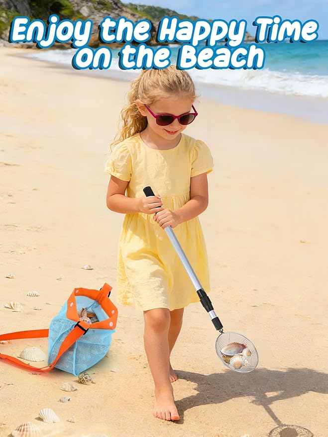 1 Pack Sand Sifter with Seashell Bags - 21.6"~33" Adjustable Shark Tooth Sifter for The Beach Seashell Collecting, Mesh Shovel Scooper with Retractable Handle, Beach Toys for Adults Family Kids