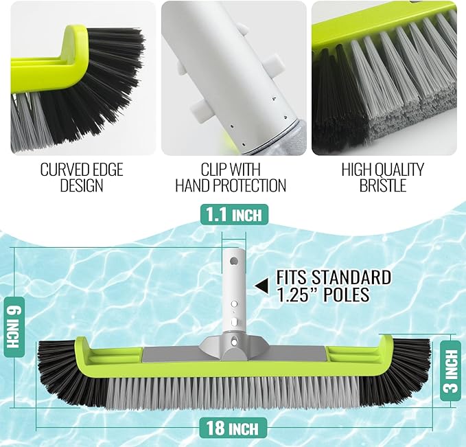 18" Pool Brush Head for Cleaning Swimming Pool Walls, Curved Ends High-Efficiency Scrub Brush for Tile, Flooring and Vinyl Pools, Fiberglass, Fits Φ1.25” Poles (Green & Black & Gray)
