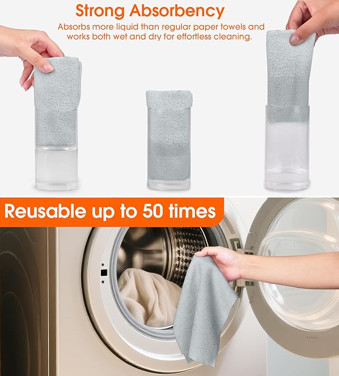 Microfiber Cleaning Cloth Roll - 100 Pack Tear Away Microfiber Paper Towels, Reusable, Washable, Scratch-Free, Kitchen Towels for Car, Home, Kitchen, Glass, Dishes(Cloud Gray)