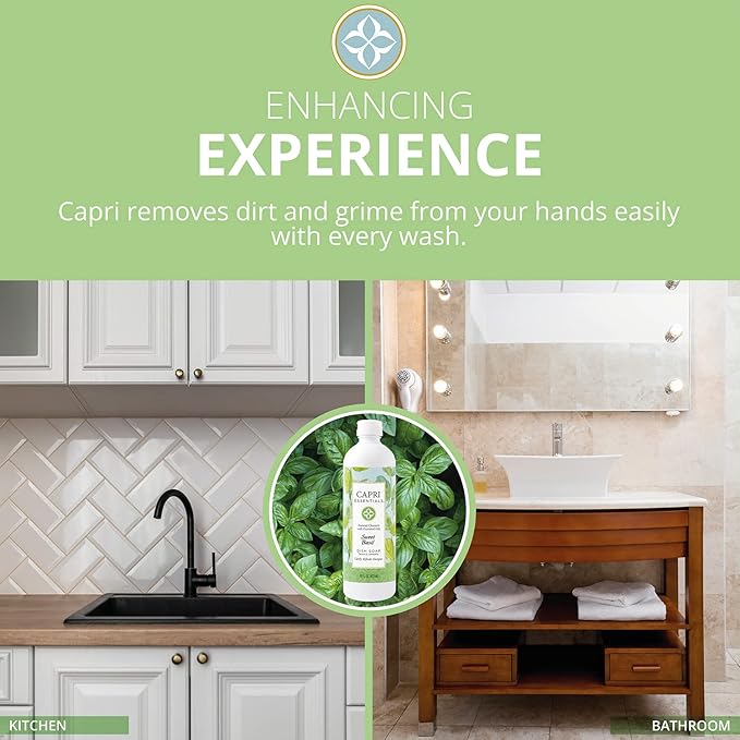 CAPRI ESSENTIALS Dish Soap Liquid, Natural Household Cleaning Supplies, Plant Based Aromatic Dish Detergent, Blend of Essential Oils with Almond Oil, Eucalyptus & Peppermint, Sweet Basil, 16 FL Oz