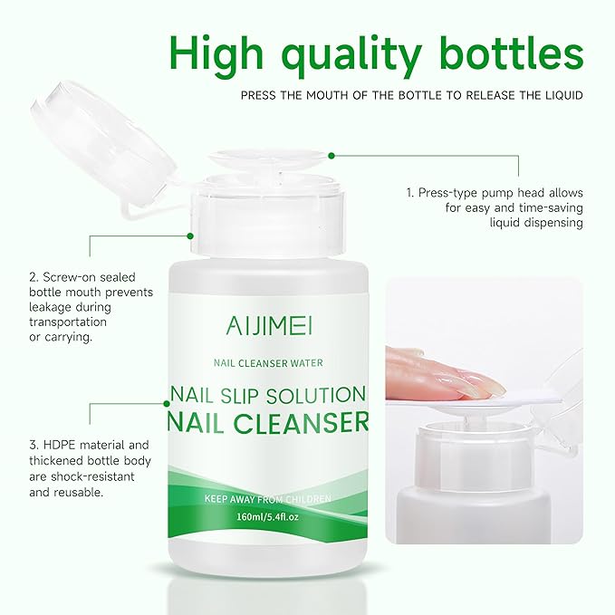 AIJIMEI 2in1 Poly Extension Gel Slip Solution 160ml Pump Dispenser Bottle Poly Gel Slip Solution For Nail Art Extensions, Nails Gel Cleanser Quick Cleaning Surface Floating Gel Smooth & Glossy Results