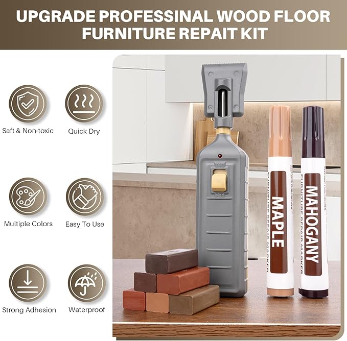 Laminate Floor Repair Kit, 6 Color Linoleum Repair Hard Wax Touch Up Marker with Heat Pen, Hardwood Floor Scratch Repair Cover Scratches, Stains, Cracks, Holes for Door, Cabinet, Table