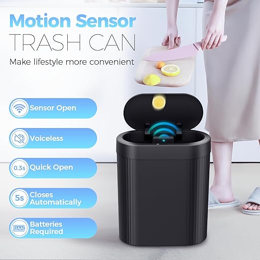 3 Pack 5 Gallon Bathroom Trash Can with Lid, Automatic Motion Sensor Black Trash Can, Touchless Slim Waterproof Garbage Bin for Kitchen, Bedroom, Office, and Bathroom