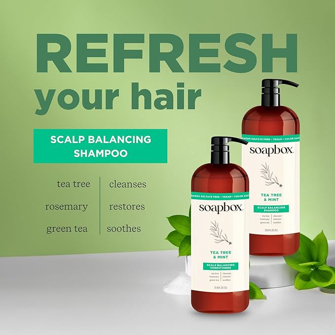 Soapbox Tea Tree Shampoo and Conditioner Set, Scalp Balancing with Tea Tree Oil, Jojoba Oil, Aloe and Shea Butter to Clean and Purify for All Hair Types, 1 Liter Each (Pack of 2)