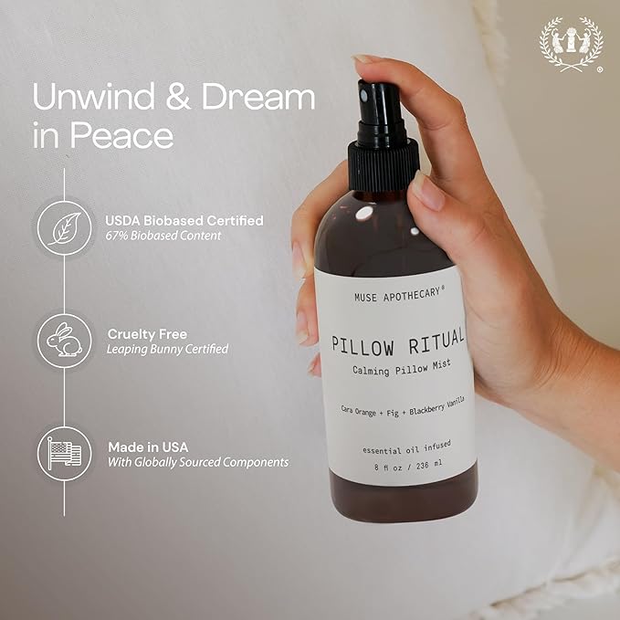 Muse Apothecary Pillow Ritual - Aromatic, Calming and Relaxing Pillow Mist, Linen and Fabric Spray - Infused with Natural Aromatherapy Essential Oils - 4 oz, Tonka Bean + Amber + Warm Cedarwood