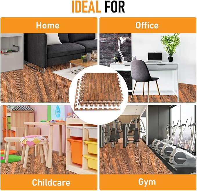 HomeCube USA 3/8 Inch Thick Interlocking Wood Grain Foam Floor Tiles for Home, Office, Workout Equipment Space, Commercial Areas, Anti-Fatigue Flooring Padding 24x24 in., Dark Oak, 16 SQ Ft - 4 Tiles