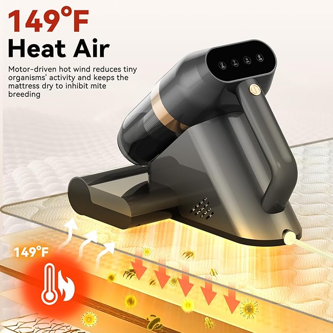 Mattress Vacuum Cleaner with 149°F Heat, 16KPa Powerful Suction, 253.7nm U V-C Light, 40,000 RPM Brushroll, HEPA Filter, Dual 400ml Dust Cups for Bed, Sofa, Pet Hair, Wired Corded Design