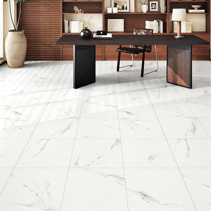 20 Pack Marble Peel and Stick Floor Tile White Waterproof Vinyl Flooring Self Adhesive Ceramic Bathroom Floor Tile Laminate Flooring Sheet for Garage Kitchen Laundry Room Shower Square