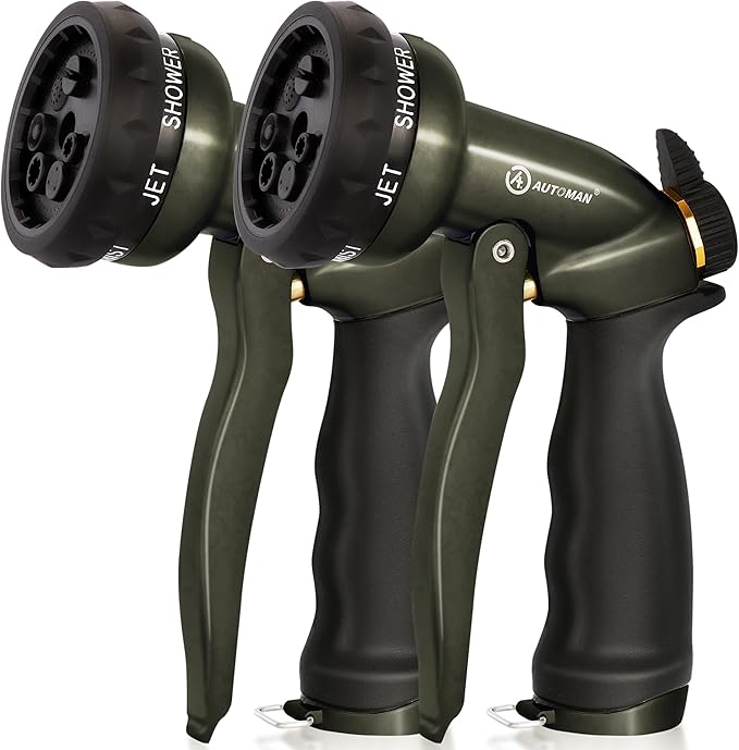 AUTOMAN Garden Hose Nozzle -2 Pack, 100% Metal High Pressure Spray Nozzle, Labor-Saving Design, Heavy Duty Water Hose Nozzle for Garden Watering, Car Washing, Window Cleaning, Pets Bathing