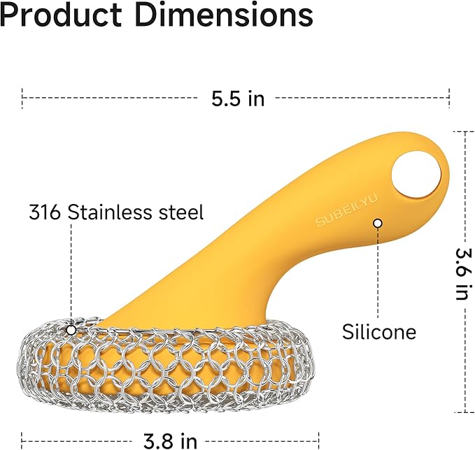 SUBEKYU Cast Iron Scrubber with Silicone Handle, Stainless Steel Skillet Cleaner for Cast Iron Pans (Yellow)