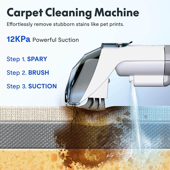 Portable Carpet Cleaner Machine, Upholstery Stain Remover for Pet Hair, Area Rugs, Cars, Strong Suction, White
