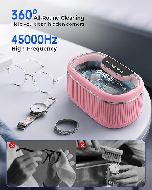 35W Ultrasonic Jewelry Cleaner, 45KHz Retainer Cleaner for Jewelry, 5 Timer & 3 Power Modes, Eyeglasses, Rings, Watch Strap, Dentures - 20oz, 304 Stainless Steel Tank, Quiet <38dB (Pink)