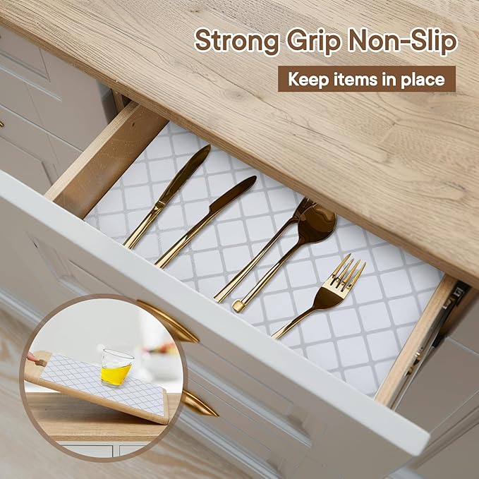 Shelf and Drawer Liner for Kitchen Cabinets Non-Adhesive, Strong Grip Non-Slip Thickened Cabinet Liners for Shelves, Waterproof Mats for Dresser Cupboard, Silver Stripe, 17 in x 20 Feet