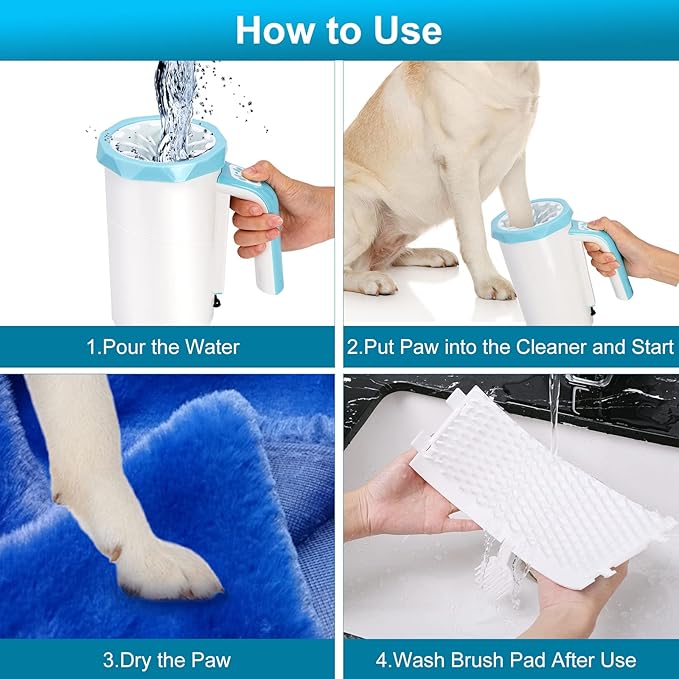 Rechargeable Automatic Dog Paw Cleaner, Dog Paw Washer Cup, 2 in 1 Portable Pet Paw Cleaner with Soft Silicone Brush, 7.4V High Power, Dog Foot Washer Suitable for Big Dog and Cat Grooming (Blue)
