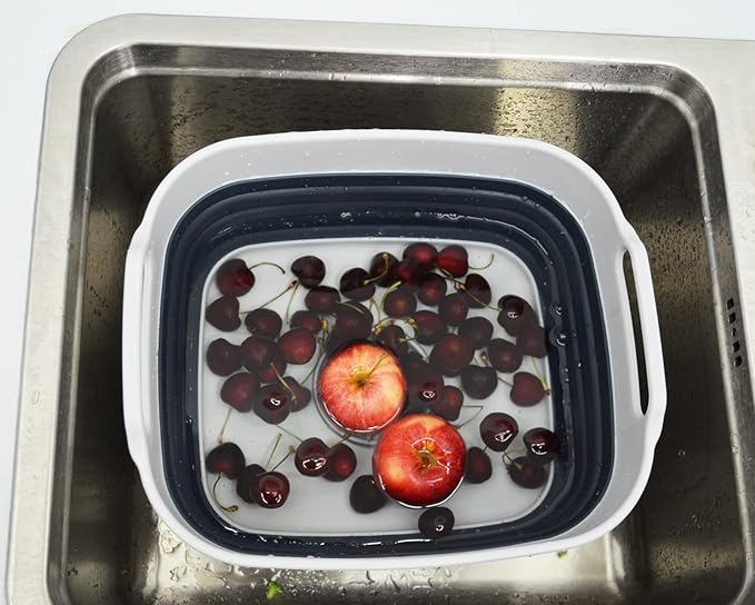 SAMMART 7.5L (2 Gallon) Collapsible Dishpan with Draining Plug - Foldable Washing Basin - Portable Dish Washing Tub - Space Saving Kitchen Storage Tray (Grey/Slate Grey, 1)