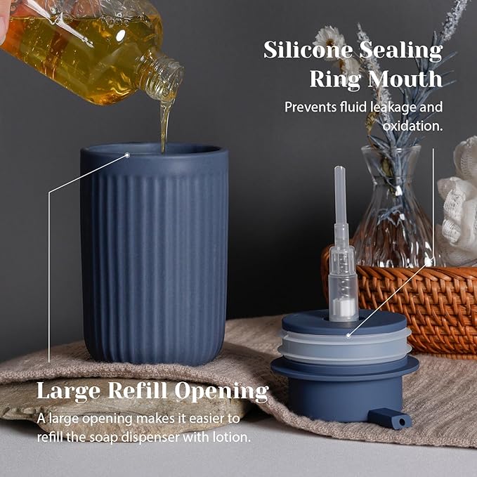 INGOFIN Ceramic Lotion Dispenser - 12oz Liquid Hand Soap Dispenser Bathroom, Modern Refillable Dish Soap Dispenser with Pump for Kitchen, Stripe Blue