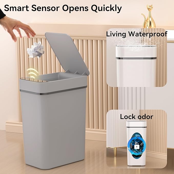 3 Pack Bathroom Trash Can 2.6 Gallon Small Touchless Automatic Motion Sensor Trash Cans Slim Waterproof Garbage Bin with Lid for Kitchen, Office, Bedroom Black White Grey