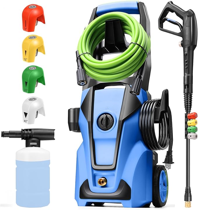 Professional Pressure Cleaner, Power Cleaner with Foam Cannon,4 Nozzles,33FT Hose and Soap Bottle,Car Clean Machine/Car/Driveway/Patio Clean (Blue)
