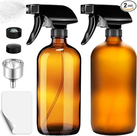 Glass Spray Bottle, 2 Pack 16oz Empty Sprayer with Funnel & Cap & Labels, Large Refillable Mist Bottles for Cleaning, Plant, Essential Oil, Facial Hydration, Water Flower & Hair, (Amber & Frosted)