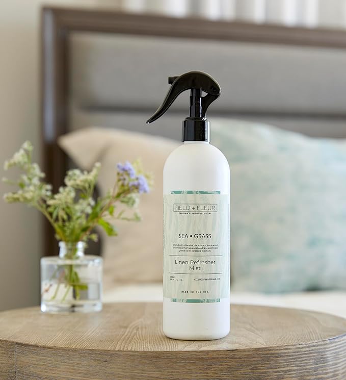 FIELD FLEUR Sea Grass Linen & Room Spray 15.5 oz - Aromatic & Refreshing Bedding & Fabric Mist - Air Freshener for Clothes & Sofas - Notes of Blackcurrant, Jasmine & Sandalwood - Made in USA