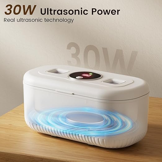 48Khz Ultrasonic Jewelry Cleaner, 30W Ultrasonic Cleaner with 2 UV Lights and Toothbrush Holder, 3 Modes Jewelry Cleaner Ultrasonic Machine with Digital Timer, 12OZ Pod for Eyeglasses (Off White)