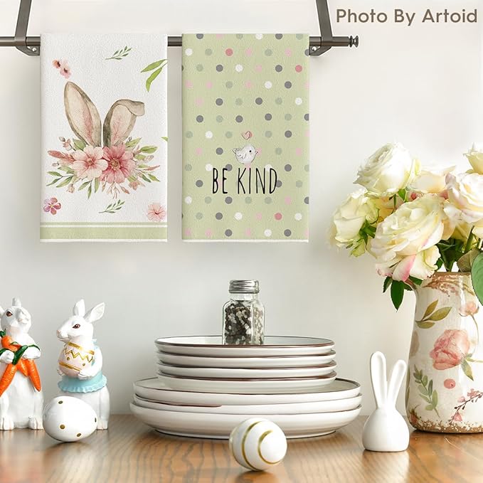 Artoid Mode Green Bunny Rabbit Ears Floral Leaves Easter Kitchen Towels Dish Towels, 18x26 Inch Be Kind Seasonal Decoration Hand Towels Set of 4