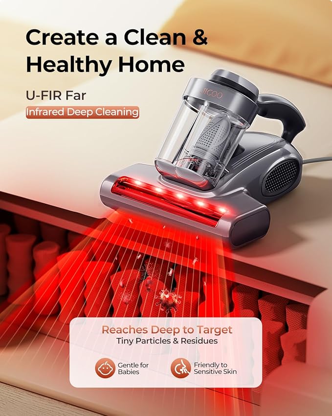 JIGOO J300 Pro Matture Vacuum Cleaner with 14Kpa 550W Powerful Suction, Infrared, UV & Heating Tech for Deep Cleaning, Anti-Allergen Bed Vacuum with Dust Sensor & Plant Fragrance for Bed, Sofa, Crib.