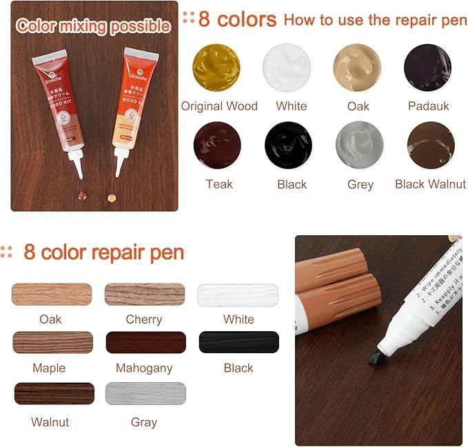 Wood Furniture Repair Kit, 8 Colors Wood Filler Touch Up Markers with Wax Sticks, Markers Furniture Repair Scratches, Cracks, Discoloration On Door, Cabinet, Laminate Floor Repair Kit Touch Up Paint