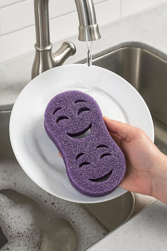 Smilyeez Double-Size Scrub Moji Duo Sponge 2-Pack – Dual Smiling Faces, Temperature-Responsive Scrubber – Scratch-Free, Odor & Stain Resistant