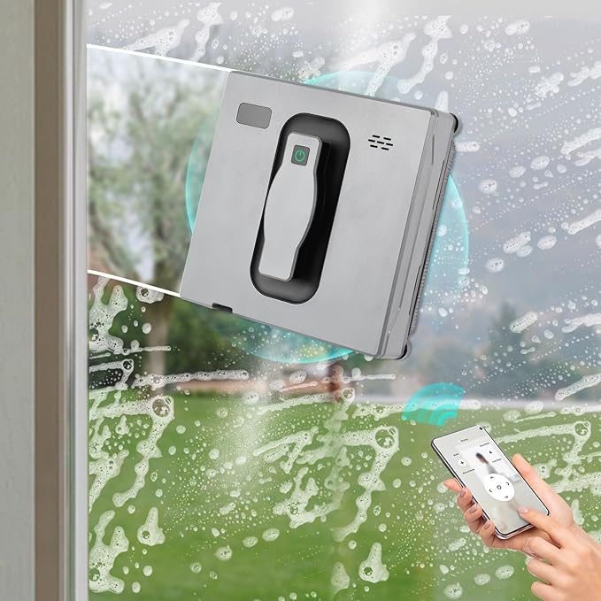 Window Cleaning Robot, Automatic Cleaner, 8.5 * 8.5 * 2.7in 2500Pa Window Cleaner Robot with Dual Water Spray, App and Remote Control, for Home, Office Building (Silver Gray)