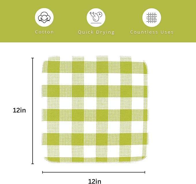 PurpleEssences Waffle Weave Plaid Dish Cloths, 100% Cotton, 12x12 Inch, Soft Absorbent Quick Drying Buffalo Check Dish Rags for Kitchen, 8 Pack, Christmas Holiday Winter - Light Green & White
