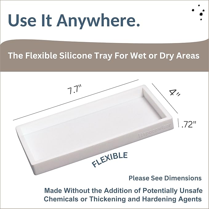 Countertop and Vanity Tray - Small 7.7” Silicone Tray for Soap Dispenser, Bathroom Trays, Dish Soap Trays for Kitchen Counter, Sink Caddy Sinks Organizer, Soaps Dish & Sponge Holder, White