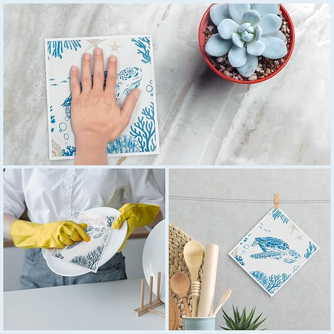 Swedish Dishcloths for Kitchen, Summer Coastal Turtle Kitchen Dish Towels for Washing Dishes, 4 Pack Reusable Paper Towels Washable, Sponge Cloths for Home Cleaning Baking Cooking Decor