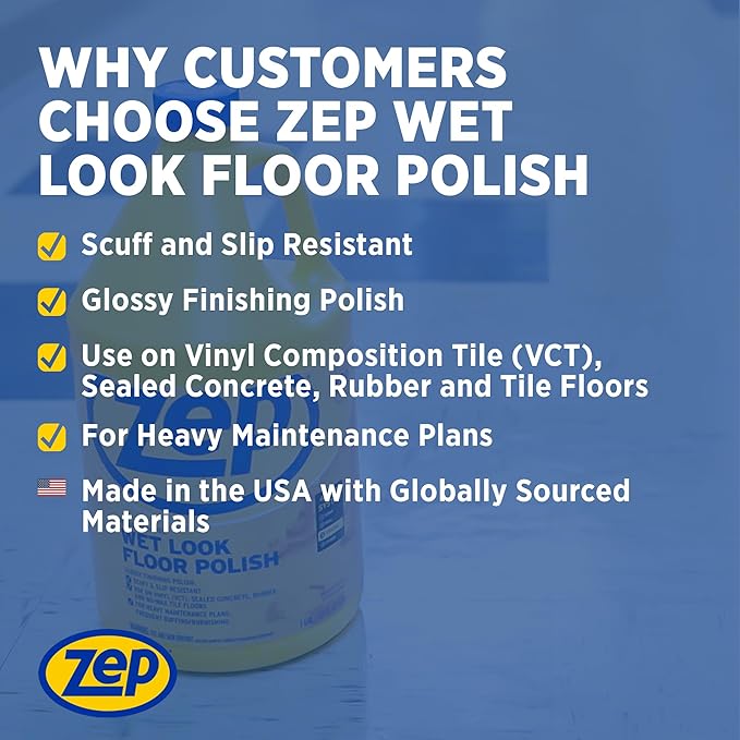 Zep Wet Look Floor Polish - 1 Gallon (Case of 2) ECZUWLFF1282 - Long Lasting Glossy Finishing Polish, Scuff & Slip Resistant, for Vinyl (VCT), Sealed Concrete, Rubber, and No-Wax Tile Floors