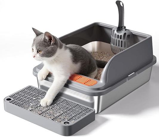 Stainless Steel Cat Litter Box, Metal Kitty Litter Box Includes Litter Mat & Scoop, Easy Cleaning Anti-Scratch Kitty Cat Box Anti-Urine Leakage, Non-Sticky, Perfect for Small Cats, Grey