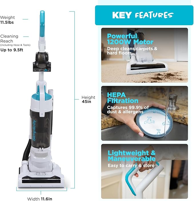 Simplicity Vacuums Pets Pro, Hard Floor and Carpet Vacuum Cleaners for Home Pet Hair, Upright, Bagless Lightweight, Powerful Suction in Homes with Dogs Plus Upholstery, Dust and Crevice Tools, SVPET