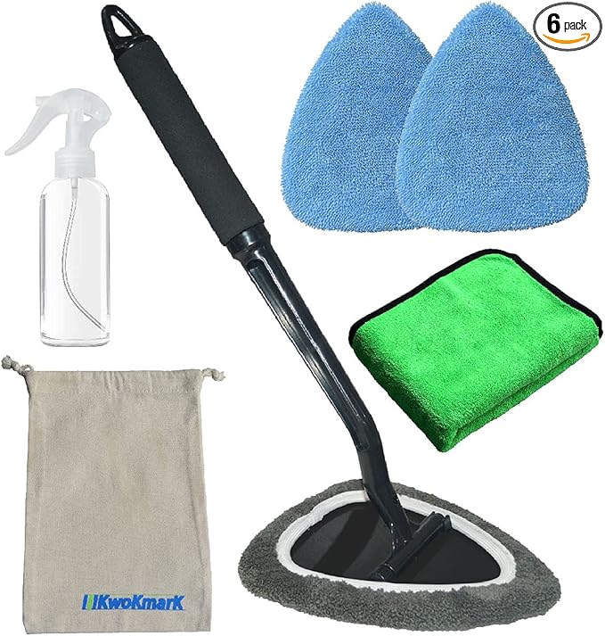 Windshield Cleaner Tool Car Window Cleaning Wand Glass Microfiber Brush Bigger Pad Thicker Softy Cloth, with Towel Spray Bottle Cloth Bag Kit TTL 6Pcs