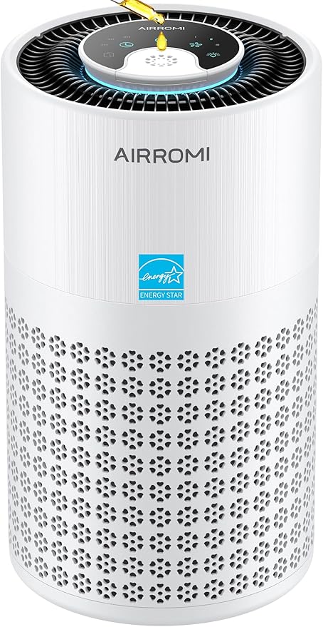 AIRROMI Air Purifier for Bedroom with HEPA 3-in-1 Filter, Pet Air Purifier for Home Cat Pee Smell, Covers Upto 990 Ft², Quiet 360° intake Air Cleaner for pet hair,allergies,Dust,Smoke A2001 White