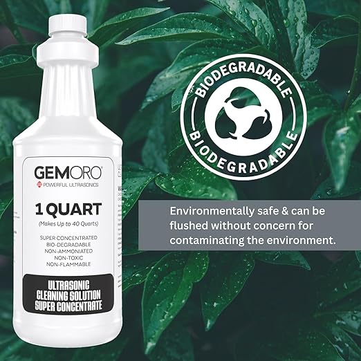 GemOro Jewelry Cleaner Solution Concentrate for Ultrasonic Machines | Professional Performance Liquid Cleans Rings Watches Glasses Earrings & Coins | Compatible with Diamond Gold & Silver (1 Quart)