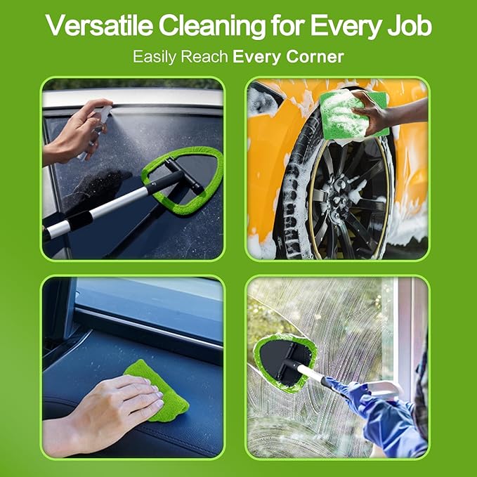 Windshield Cleaner Tool 22.5" L - Car Interior&Exterior Window Cleaning Kit with Extendable Handle&4 Microfiber Pads and Thick Large Wash Sponge, Auto Glass Wiper Brush Kit for Cars Home (7pcs Green)