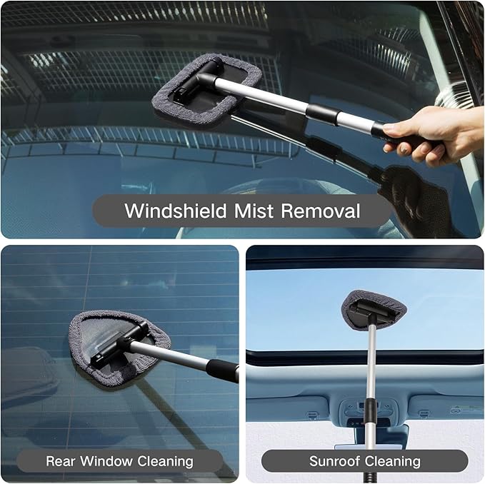 7pcs Windshield Cleaner Tool Car Window Cleaning Wash Kit with 4 Reusable Microfiber Pads 1 Spray Bottle and Extendable Handle Auto Glass Wiper Kit, Gray