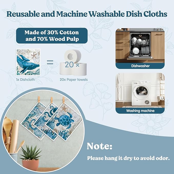 Swedish Dishcloths for Kitchen, Summer Coastal Beach Decor Kitchen Dish Towels for Washing Dishes, 4 Pack Reusable Paper Towels Washable, Sponge Cloths for Cleaning Home Kitchen Decor