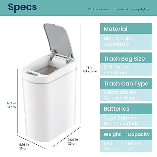 Ninestars Automatic Motion Sensor Bathroom Trash Can, 1.8 Gallon Smart Opening Garbage Bin for Bathroom, Bedroom, Kitchen, Office 2 Pack