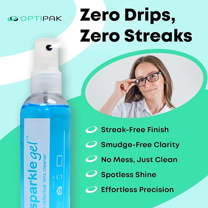 Sparkle Gel Anti-Reflective Safe Lens Cleaner Spray Kit - (2) 2oz Glasses Cleaner Spray, (5) Pre-Moistened Lens Wipes, (1) Travel Pouch for Eyeglasses, Lenses & Camera Cleaning Kit (8 Piece Set)