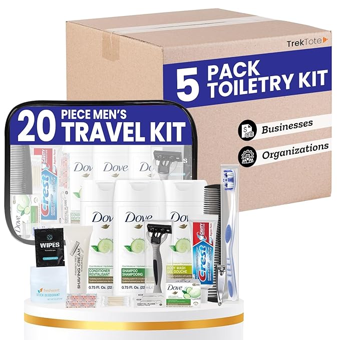 TrekTote 20 Piece Unisex Travel Hygiene Kit with Toiletries & Personal Care Essentials, TSA-Compliant, Individual and Bulk Packs Available