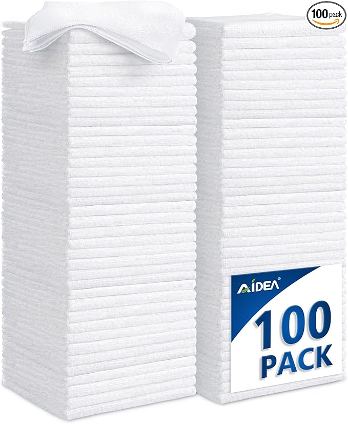 AIDEA Microfiber Cleaning Cloth White-100PK, Absorbent Cleaning Rags, Commercial Shop Rags Lint-Free, Scratch-Free, White Microfiber Towels for Cars, Kitchen Towels White 11.5 in.x 11.5 in.