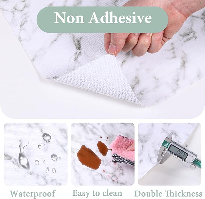 Drawer and Shelf Liner for Kitchen Cabinet: 12 in X 30 Ft Non Slip Waterproof Shelf Paper Non Adhesive Refrigerator Liners White Marble Easy Liners for Bathroom Cupboard with Knife Tape Measure