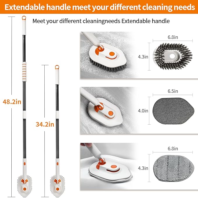Bathroom Scrub Brush with Long Handle, 3-in-1 Tub and Tile Cleaner with 5 Replaceable Heads for Shower, Floor & Wall Cleaning