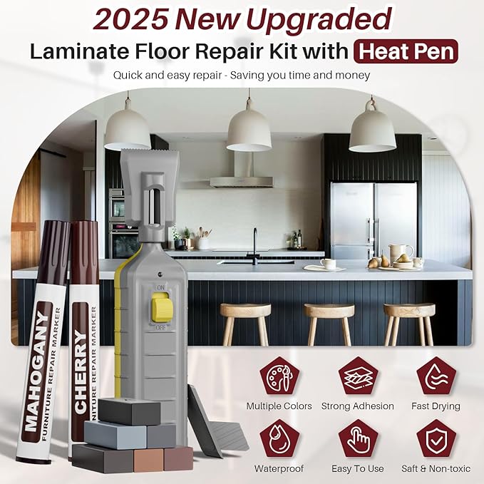 Laminate Vinyl Floor Repair Kit with Heat Pen, 6 Color Hardwood Floor Wax Linoleum Repair Kit Furniture Touch Up Markers Scratches Repair Restore Scratch Repair Remover Cracks, Holes for Table,Cabine