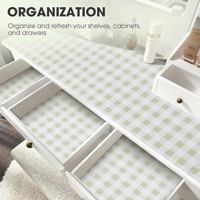 Drawer and Shelf Liner, Non-Slip Kitchen Cabinet Liners Non-Adhesive Thick Strong Grip Waterproof Washable Mats Protect Dresser Shelves Cupboard Bathroom Cabinets, Sage Green, 12 in X 10 FT